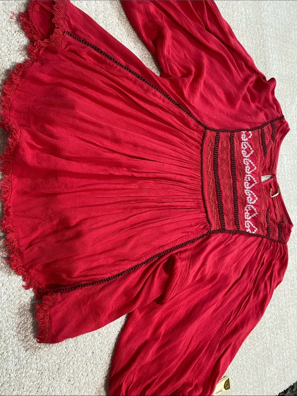 Free People Coral Red Embroidered Peasant Tunic Size S/P Shell 99% Viscose